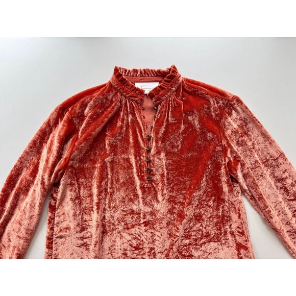 ANTHROPOLOGIE Kristianne Orange Velvet High Neck Ruffle Trim Blouse, Size XS - Picture 6 of 13